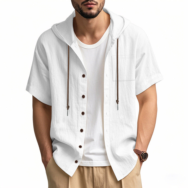 Men's Shirt with Hood – Linen Blend – Relaxed Fit – Short Sleeves – Button Closure
