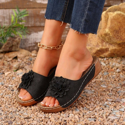 Women's Wedge Heel Sandals – Open Toe – Floral Detail – Perforated Upper