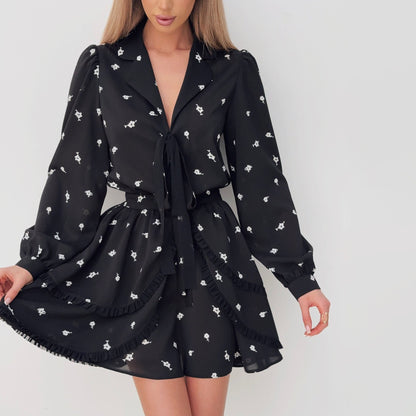 Women's Two-Piece Dress Set – Chiffon – V-Neck – Ruched Skirt – Floral Pattern