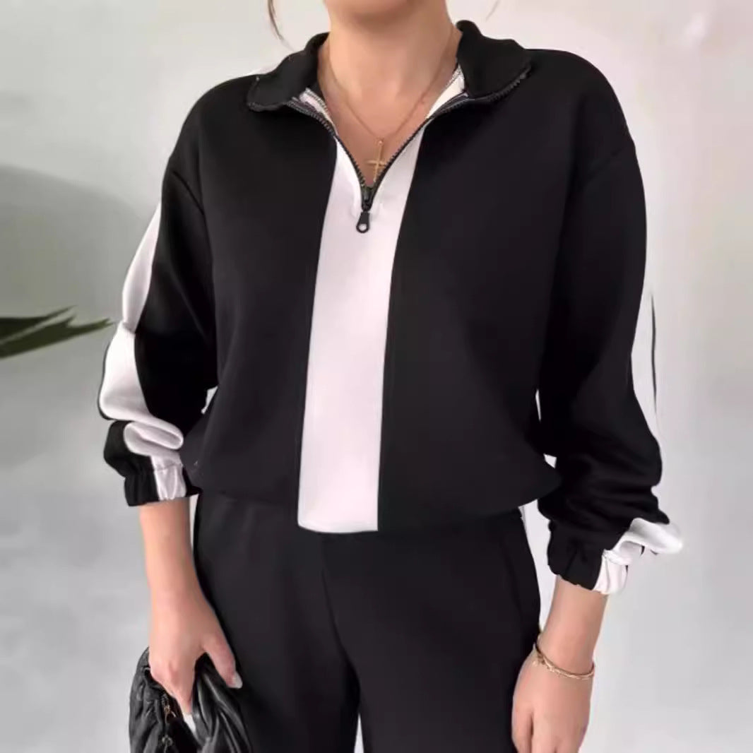 Women's Two-piece Set – Casual Fit Zip Collar Top & Wide Pants – Breathable Design