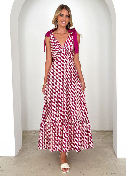 Women's Maxi Dress – Light and Breathable – Sleeveless V-neck – Tie Belt – Printed Design