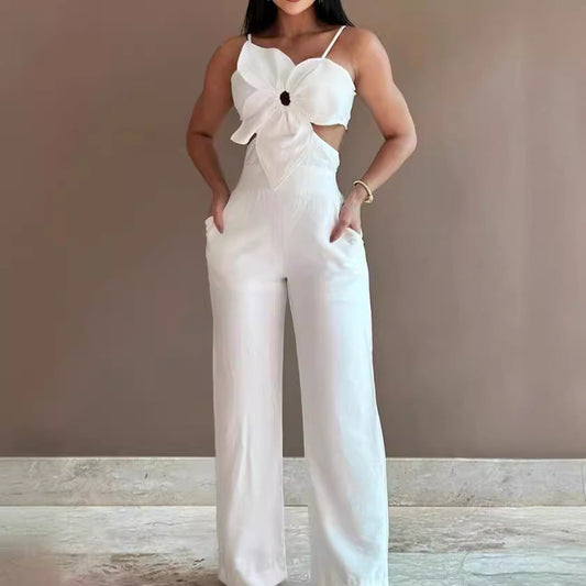 Women's Jumpsuit – Relaxed Fit – Wide Leg – Open Back – Bow Detail – Cutouts