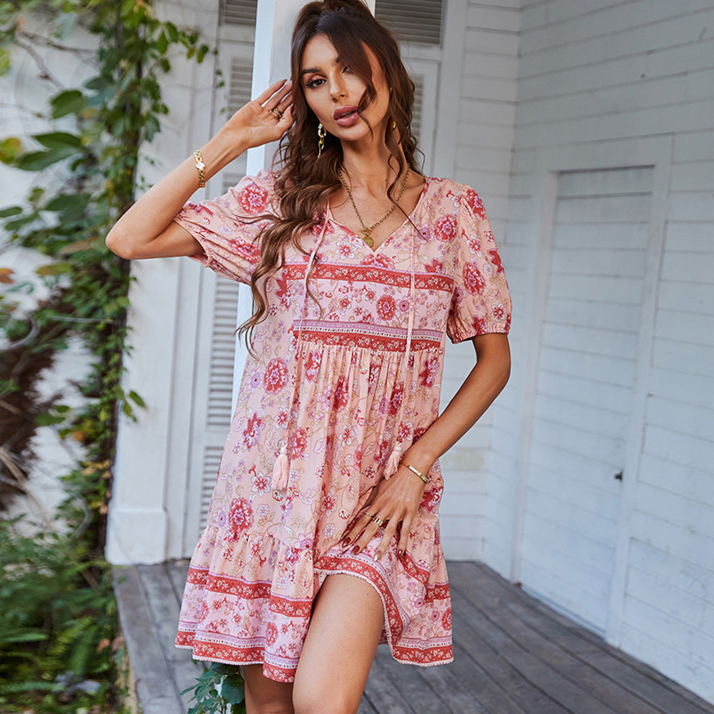 Dress for Women – A-line Mini – Cotton – V-neck – Puff Sleeves – Floral Pattern