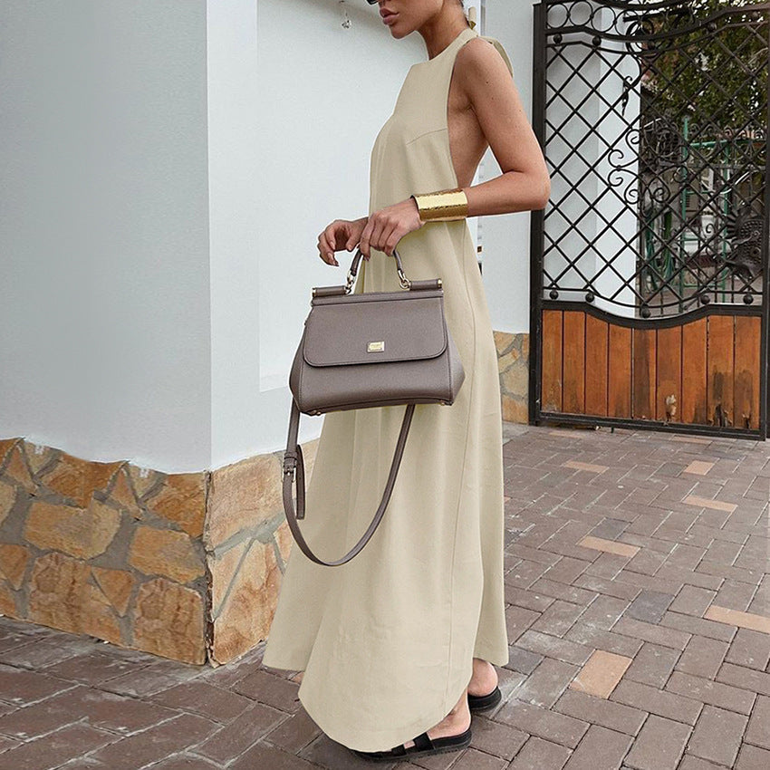 Women's Maxi Dress – Halterneck – Loose Fit – Cotton Linen – Elegant Flowy Design