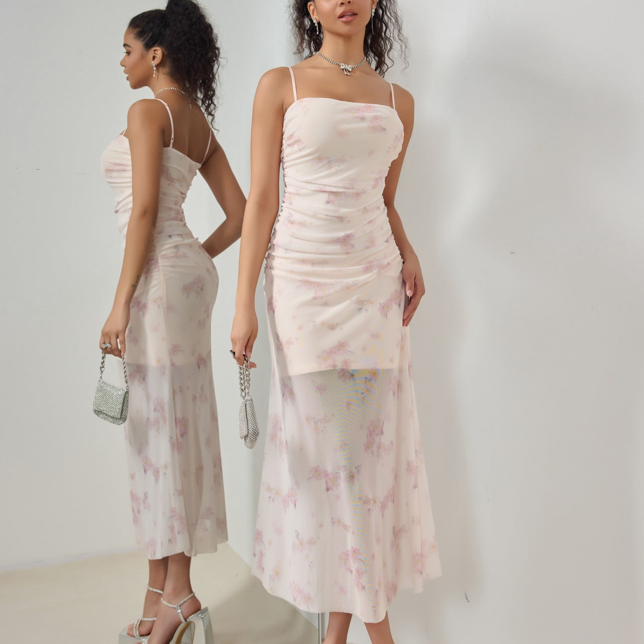 Women's Maxi Dress – Slim Fit – Ruched Detail – Spaghetti Straps – Mermaid Hem