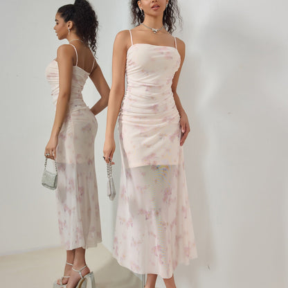 Women's Maxi Dress – Slim Fit – Ruched Detail – Spaghetti Straps – Mermaid Hem