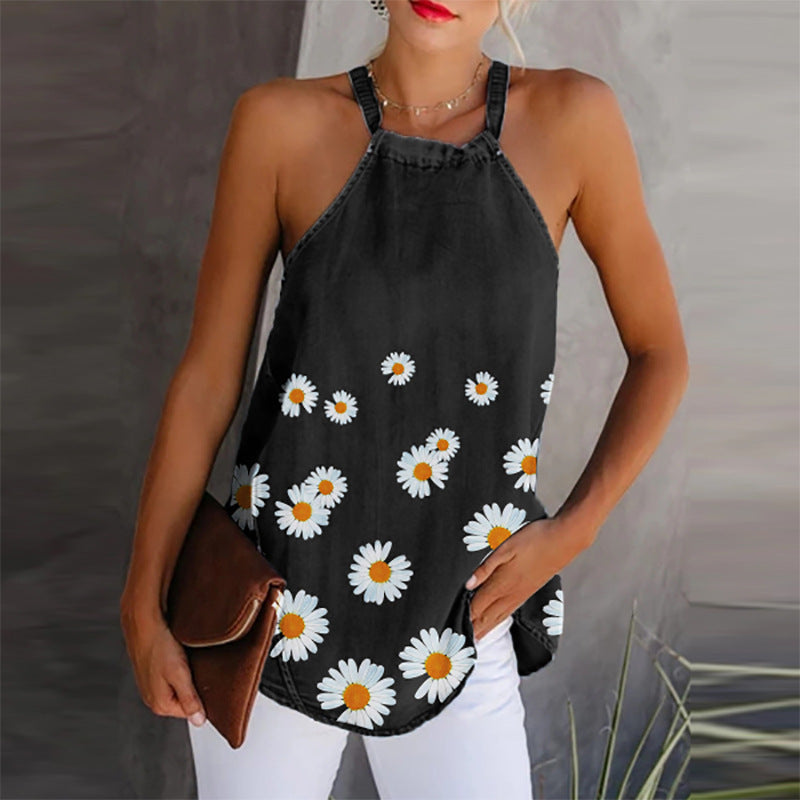 Women's Top – Light Denim – Relaxed Fit – Spaghetti Straps – Floral Print