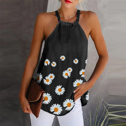 Women's Top – Light Denim – Relaxed Fit – Spaghetti Straps – Floral Print