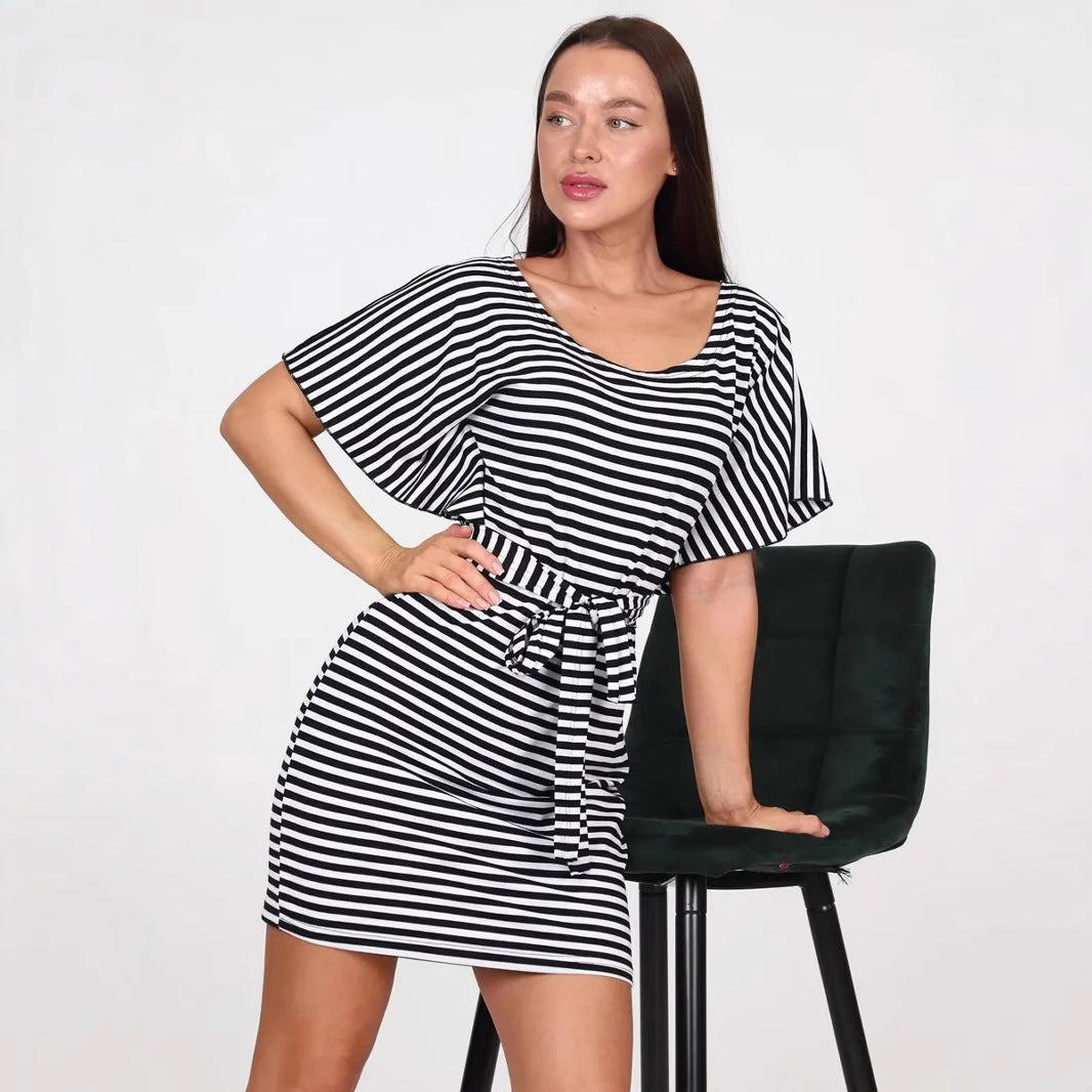 Women's Dress – Mini – Slim Fit – Striped – Short Sleeve – Belt – Round Neck