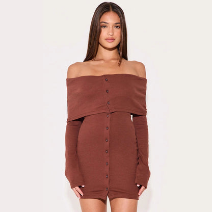 Dress for Women – Off-Shoulder – Slim Fit – Ribbed Knit – A-Line Mini – Long Sleeves