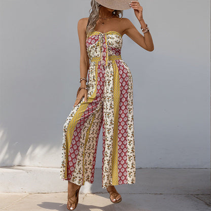 Women's Trousers with Width – Light Cotton Blend – High Waist – Belt – Ethno Pattern