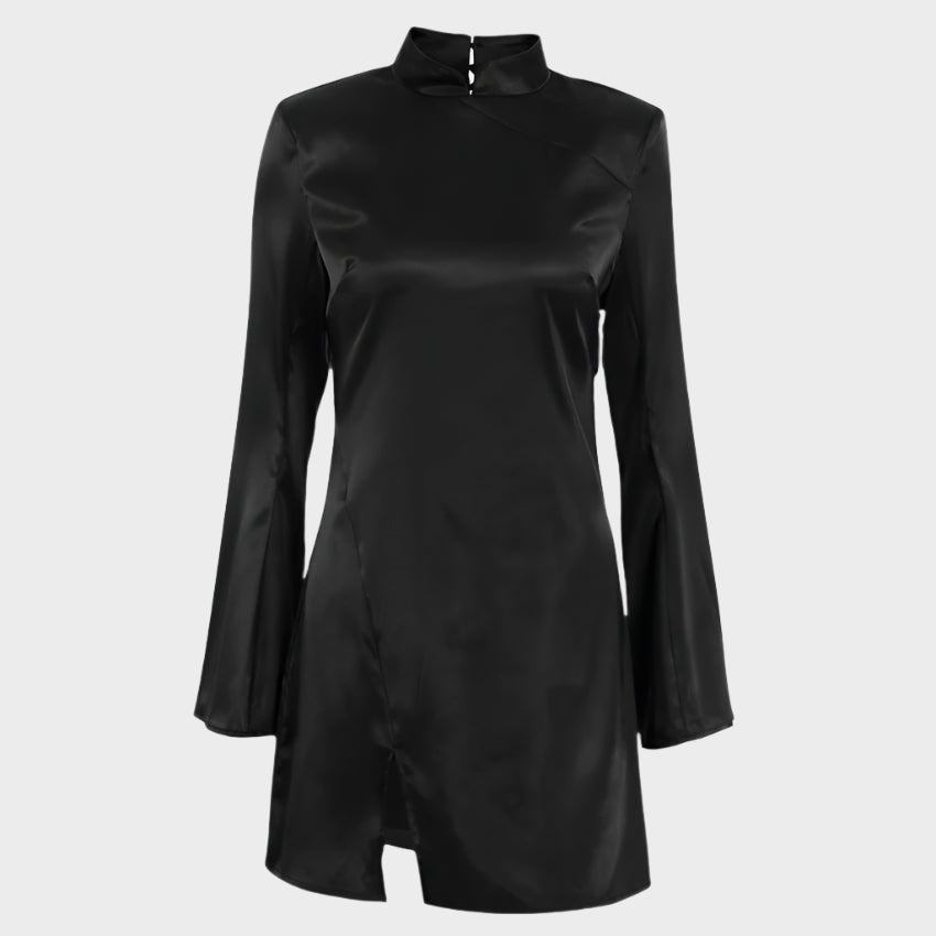 Women's Mini Dress – Satin Fabric – Fitted Fit – Ruffle Sleeves – High Collar