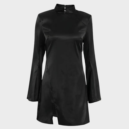 Women's Mini Dress – Satin Fabric – Fitted Fit – Ruffle Sleeves – High Collar