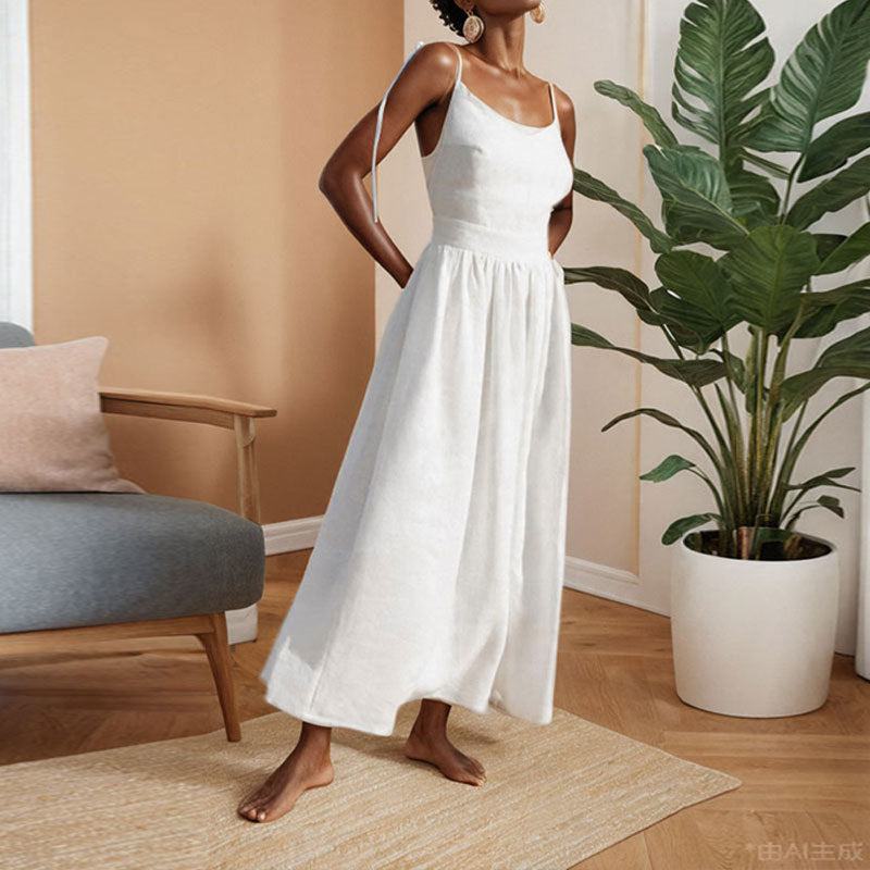 Women's Midi Dress – V-Neck – High Waist – Open Back – Adjustable Straps – Slit