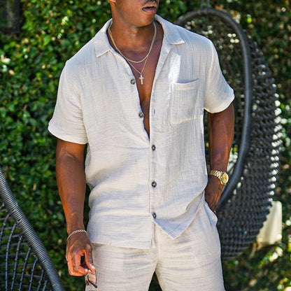 Men's Shirt with Buttons – Cotton Linen Blend – Relaxed Fit – Short Sleeves