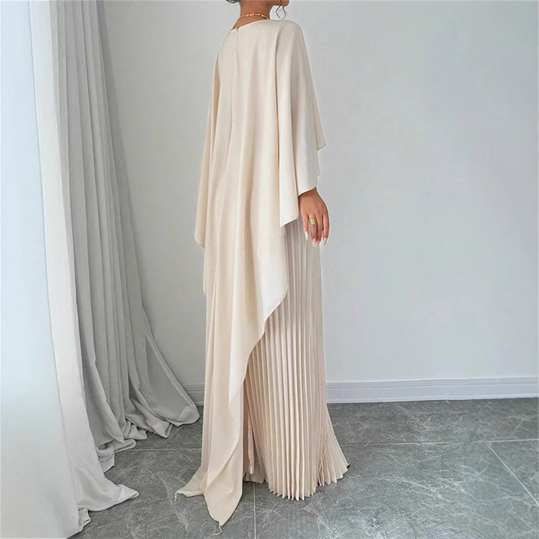 Women's Elegant Pleated Maxi Dress - Batwing Sleeves - High Neck - Flowing Fit