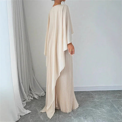 Women's Elegant Pleated Maxi Dress - Batwing Sleeves - High Neck - Flowing Fit