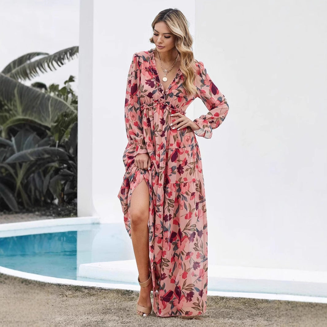 Women's Maxi Dress – Chiffon – Bohemian Fit – V-neck – Long Sleeves – Floral Print