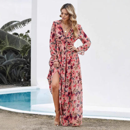 Women's Maxi Dress – Chiffon – Bohemian Fit – V-neck – Long Sleeves – Floral Print