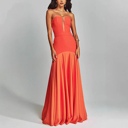 Dress for Women – Strapless – Slim Fit – Satin – Deep Neckline – Floor Length