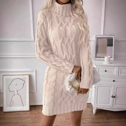 Women's Sweater Dress – Wool Blend – Slim Fit – Cable Knit – Turtleneck – Mini Length