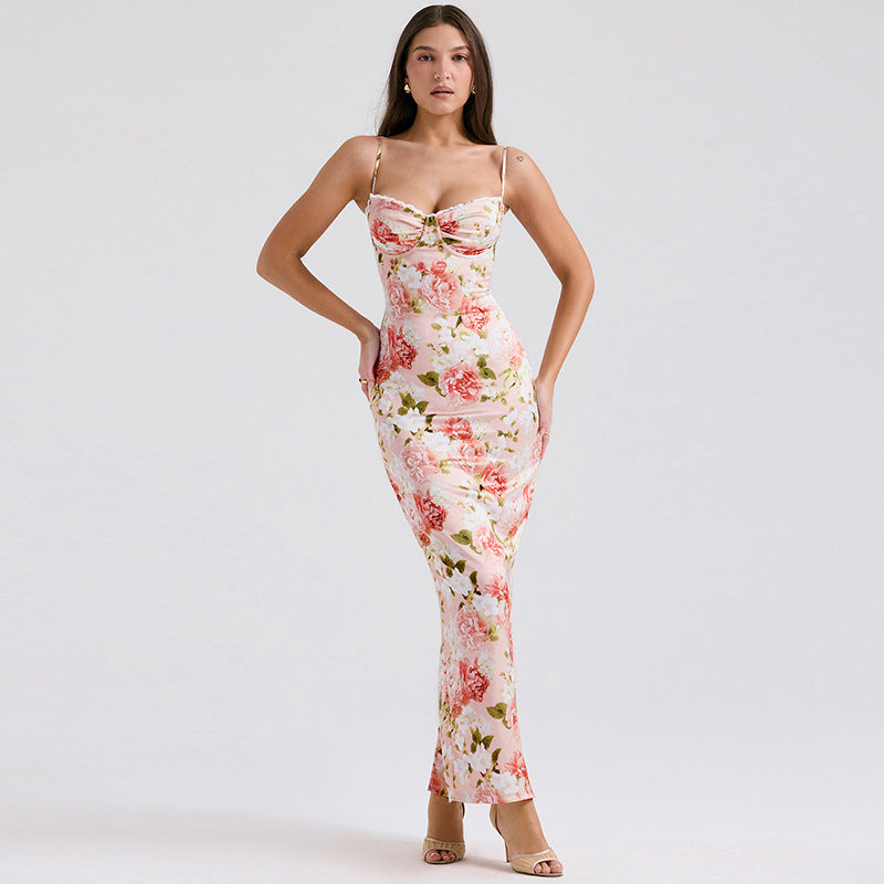 Dress for Women – Long Satin – Slim Fit – Spaghetti Straps – Floral Print