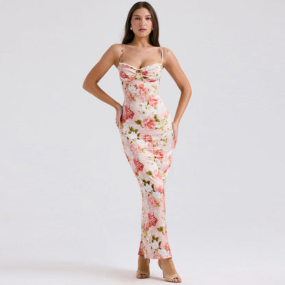 Dress for Women – Long Satin – Slim Fit – Spaghetti Straps – Floral Print