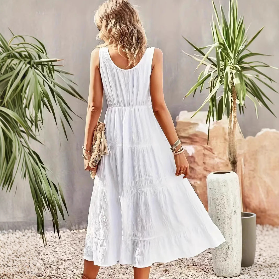 Dress for Women – Maxi A-line – Sleeveless – U-neck – Button Details – Layered Skirt