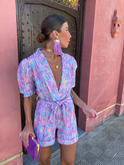 Women's Jumpsuit – Relaxed Fit – Puff Sleeves – Deep V-Neck – Abstract Print – Belt – Pockets