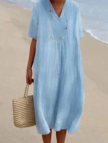 Women's Caftan Dress - Light and Breathable - Loose Fit - V-neck Short Sleeves