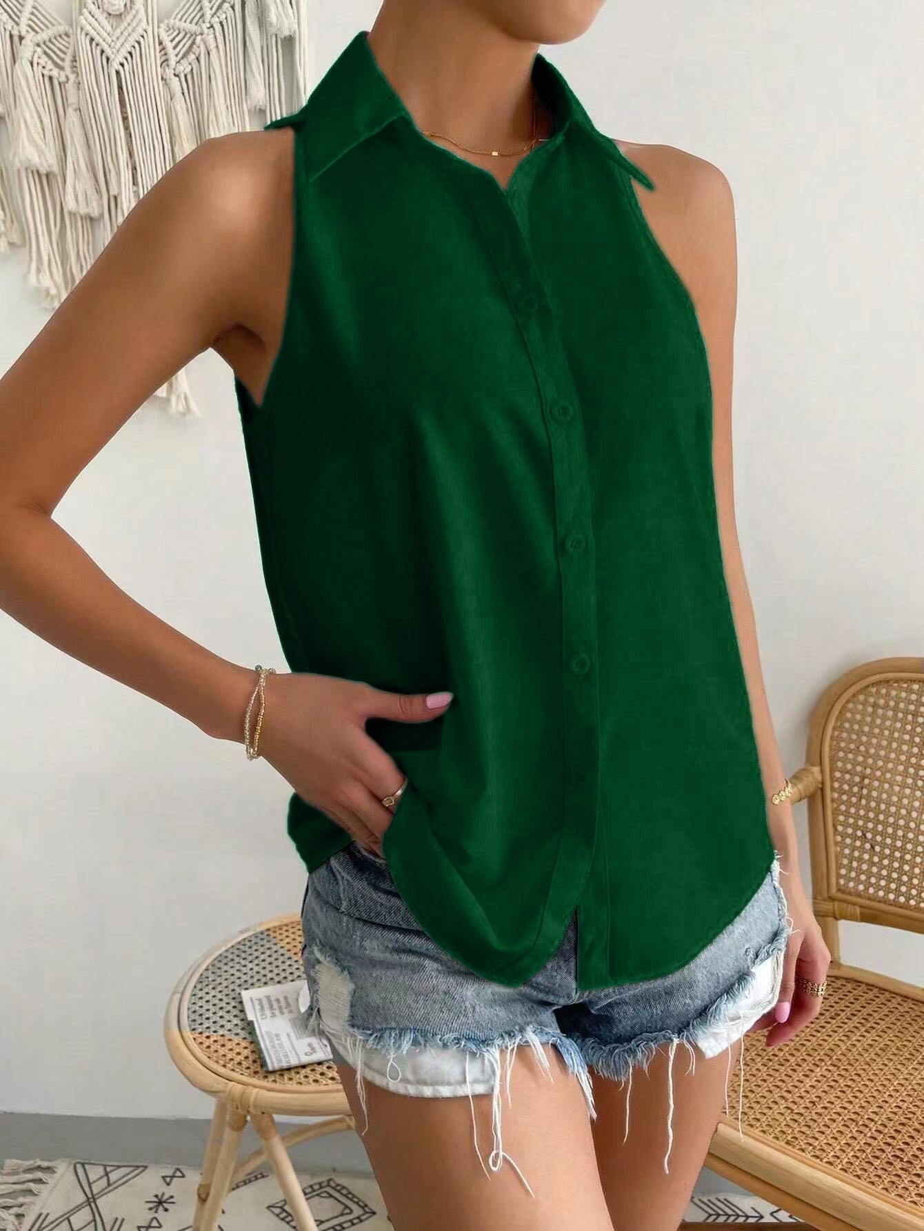 Women's Sleeveless Shirt – Relaxed Fit – Button Closure – Soft Shiny Fabric