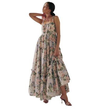 Women's Maxi Dress – Chiffon – Loose A-Line – Pleated – Spaghetti Strap – Floral Print
