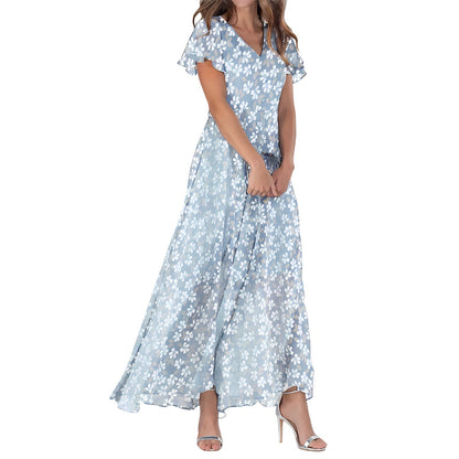 Women's Maxi Dress – A-line Fit – V-neck – Short Sleeves – Light and Elegant