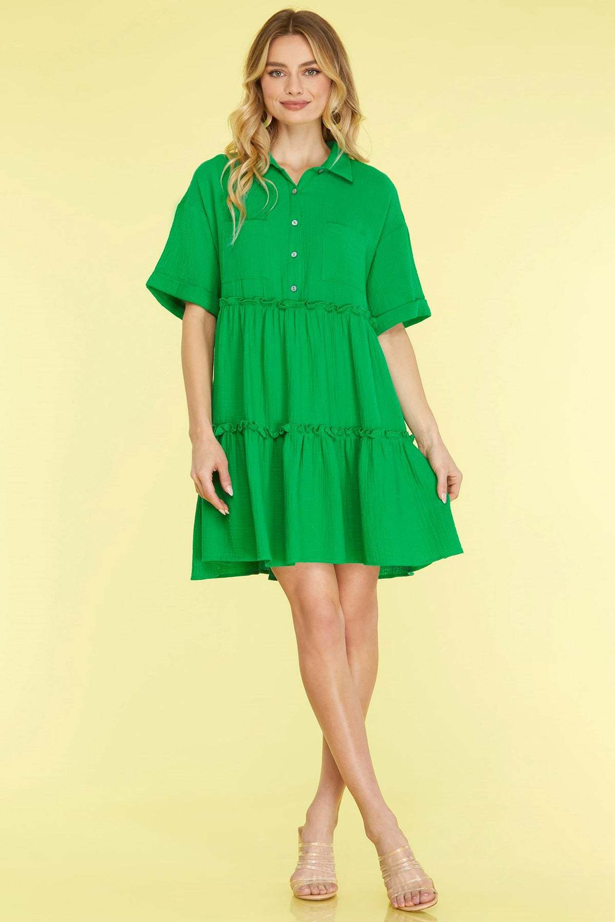 Women's Mini Dress – Cotton Linen – Loose Fit – Shirt Collar – Short Sleeves Layered