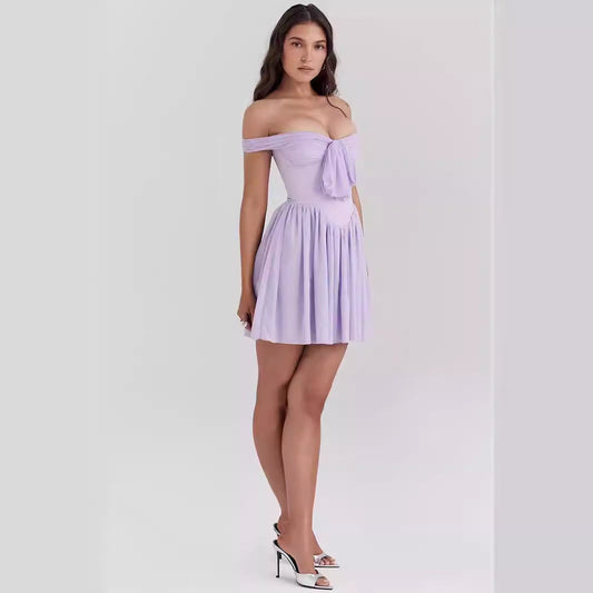Dress for Women – Off-shoulder Mini Dress – A-line Fit – Bow Detail – Light and Breathable