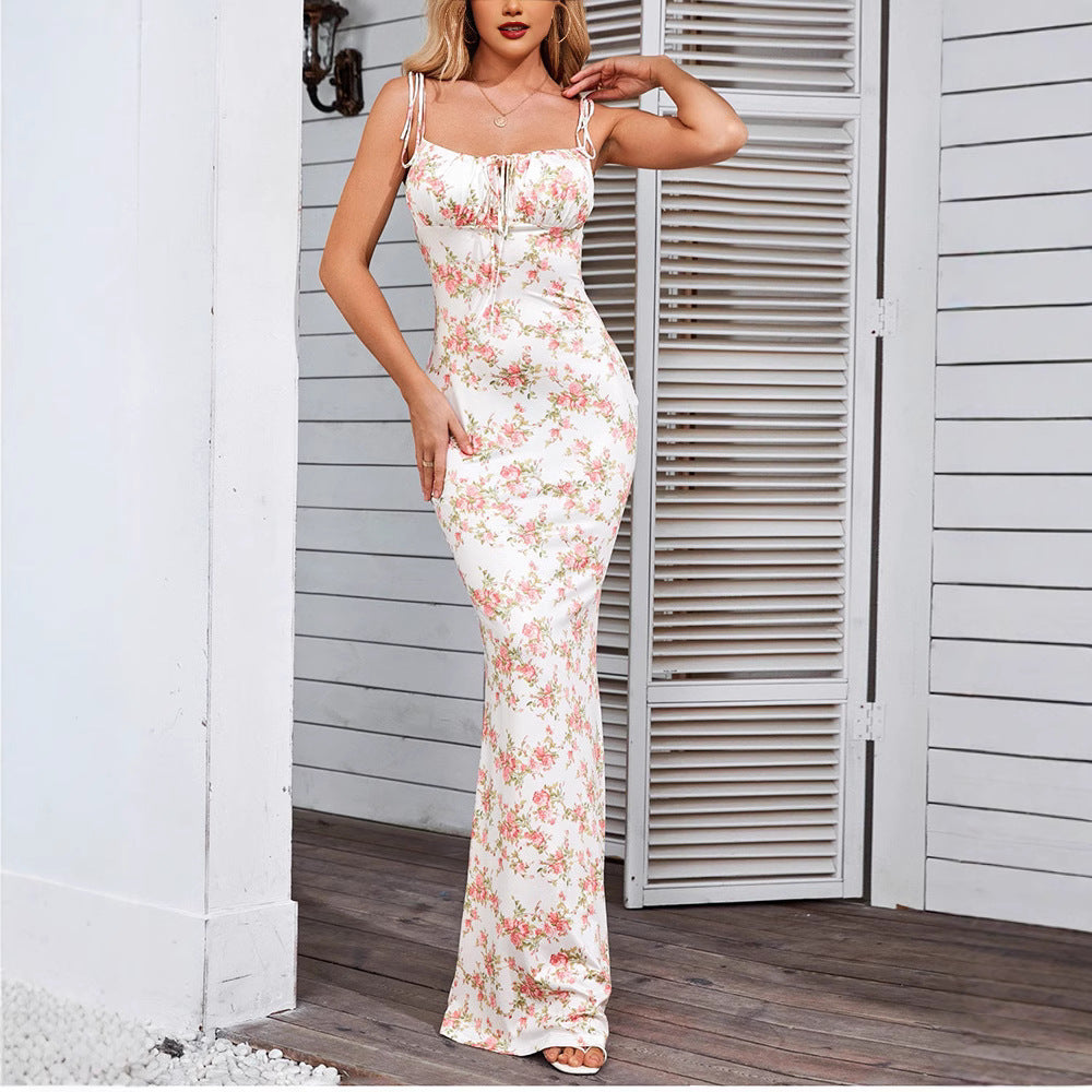 Dress for Women – Long and Sleeveless – Slim Fit – Spaghetti Straps – Open Back – Floral Print