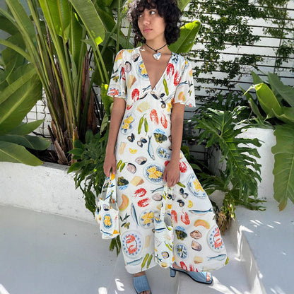 Women's Dress – Linen – Loose Fit – V-Neck – Short Sleeve – Midi – Artistic Print