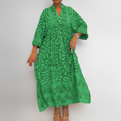 Women's Dress – Loose Fit – Lightweight Fabric – Mid-Length – Print – Button Closure – Rolled-Up Sleeves
