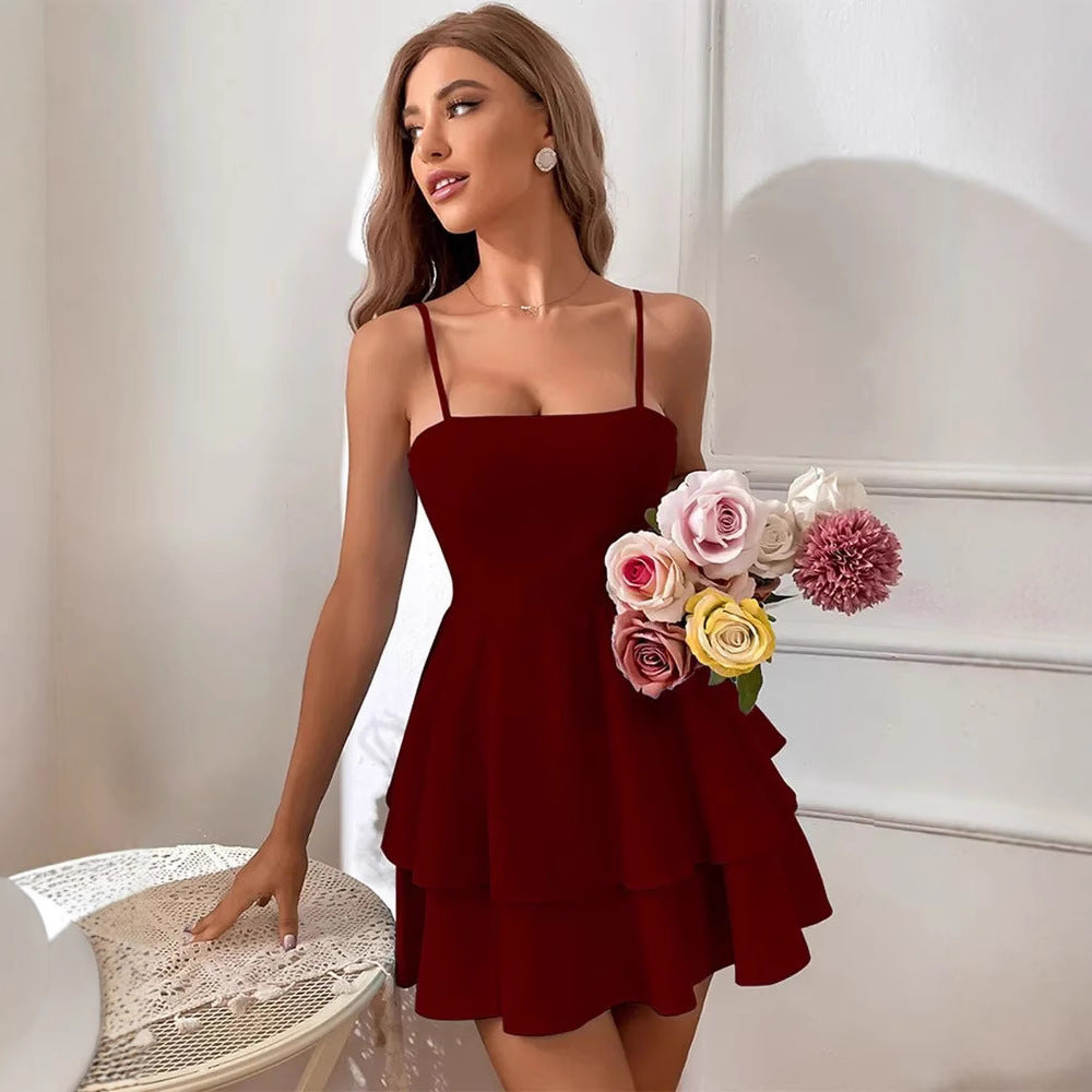 Women's Mini Dress – Sleeveless A-Line – Spaghetti Straps – Open Back – Layered Skirt