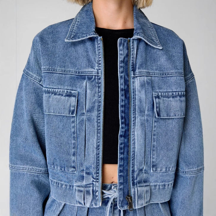 Women's Denim Jacket – Oversized Fit – Cropped – Zipper – Chest Pockets with Utility Style