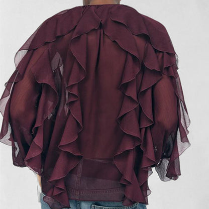 Women's Blouse – Loose Fit – Light Chiffon – V-Neck – Long Sleeves – Ruffle Front