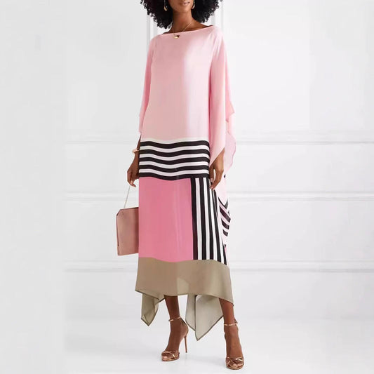 Women's Maxi Dress – One Shoulder – Loose Fit – Asymmetric Hem – Striped Design