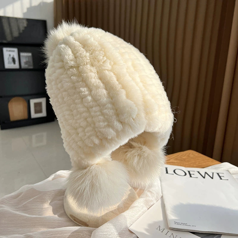 Isla Ribbed Fur Trim Beanie Hat | Pompoms Solid Beanie Hat