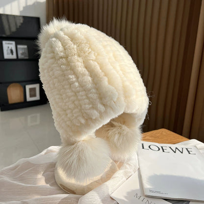 Isla Ribbed Fur Trim Beanie Hat | Pompoms Solid Beanie Hat