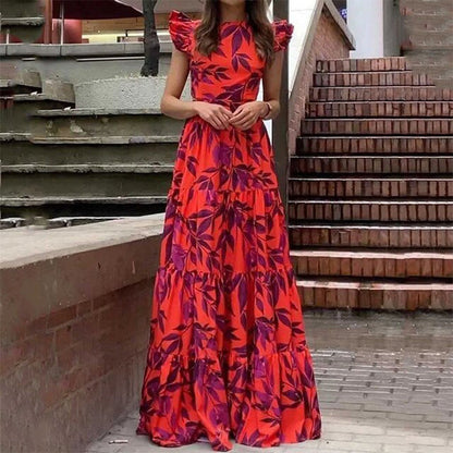 Women's Maxi Dress – Lightweight Ruffle Skirt – Ruched Waist – Print – Elegant Fit