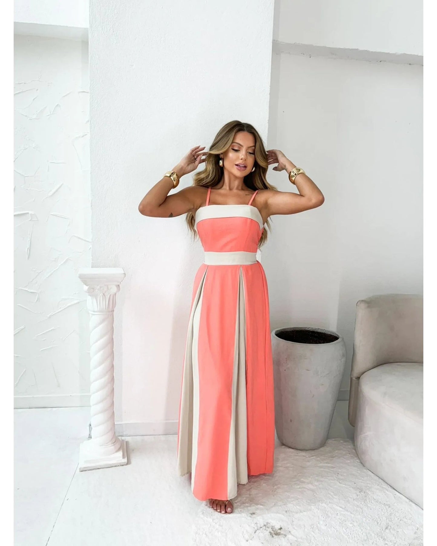 Women's Maxi Dress – High Waist – Slim Fit – Color Block – Elegant Formal Look