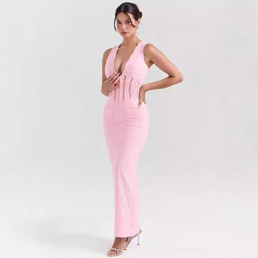 Dress for Women – Full Length – Tailored Fit – Lace – Deep V-Neckline