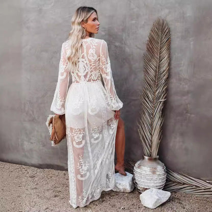 Dress for Women – Long Evening Dress – Lace and Chiffon – V-Neckline – Slit – Sheer Sleeves
