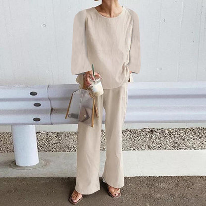 Women's Set – Linen – Relaxed Fit – Long-Sleeved Top – Wide Pants