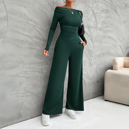 Women's Set – Slim Fit Long-Sleeve Top – High-Waisted Wide Pants – Stretchable Comfort